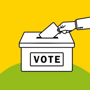 voting graphic shows a hand putting a ballot into a box